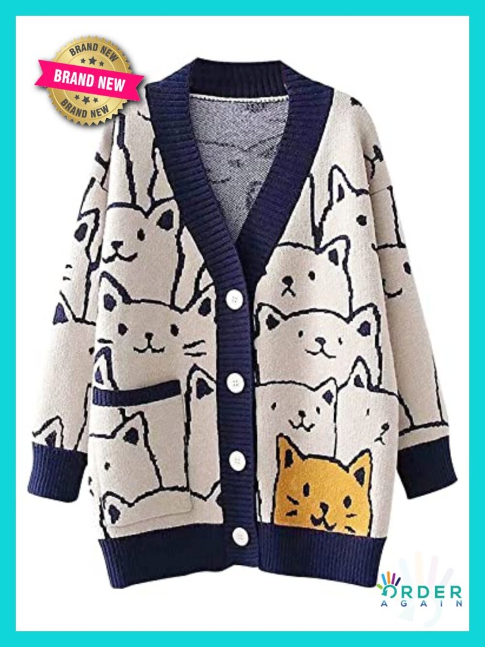 Oversized Cat Print V-Neck Knit Cardigan Sweater with Pockets